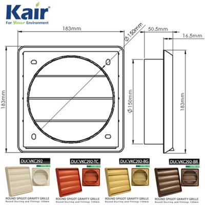 Kair White Gravity Grille 183mm External Dimension Ducting Air Vent with 150mm - 6 inch Round Rear Spigot and Not-Return Shutters