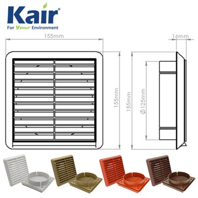 Kair White Louvred Grille 155mm External Dimension Wall Ducting Air Vent with Round 125mm - 5 inch Rear Spigot