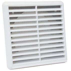 Kair White Louvred Wall Vent Grille 183mm External Dimension with Flyscreen and Round 150mm - 6 inch Rear Spigot