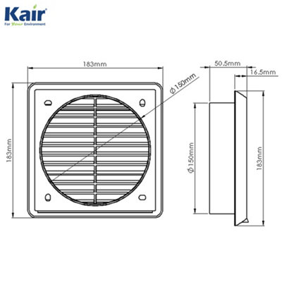 Kair Lüftungsgitter 100 Mm Mit Fliegengitter – Weiß, Für Runde Kanäle, Innen/außen, 155x155 Mm