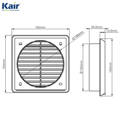 Kair White Louvred Wall Vent Grille 183mm External Dimension with Flyscreen and Round 150mm - 6 inch Rear Spigot