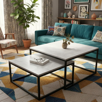 KAMA Set of 2 Modern Coffee Tables Laminated PVC Tops on Metal Base ...