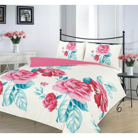 Kampala Hill Isabella Pink Teal Duvet Cover Set Floral Themed Double Bedding Set