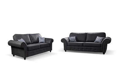 Kansas 3+2 Sofa Set Black Suede Fabric