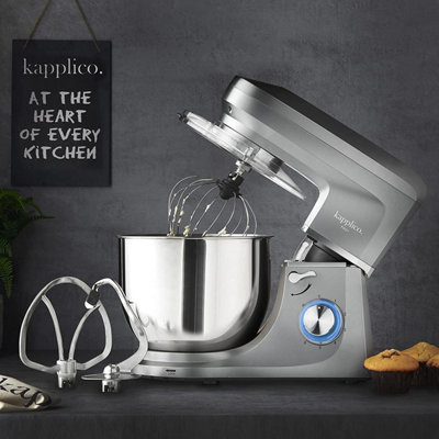 Kapplico Grey 1800W Stand Mixer with Large 7L Stainless Steel Bowl and 3 Attachments - Whisk, Beater and Dough Hook, Splash Guard