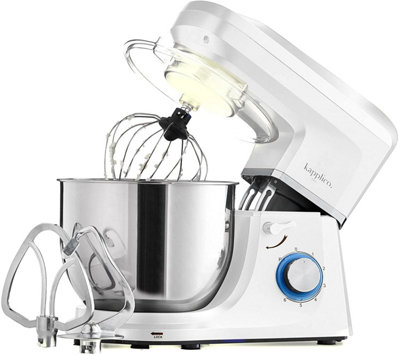 Kapplico White 1800W Stand Mixer with Large 7L Stainless Steel Bowl and 3 Attachments - Whisk, Beater and Dough Hook, Splash Guard