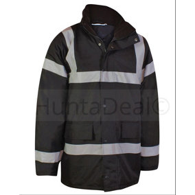 Kapton Hi Vis High Visibility Waterproof Parka Coat Work Safety Security Workwear, Black, 2XL
