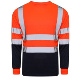 Kapton Hi Viz VIS High Visibility Round Neck Tshirt Safety Security Work Long Sleeve T-Shirt Workwear Top, Orange Navy, L