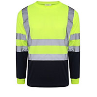 Kapton Hi Viz VIS High Visibility Round Neck Tshirt Safety Security Work Long Sleeve T-Shirt Workwear Top, Yellow Navy, L