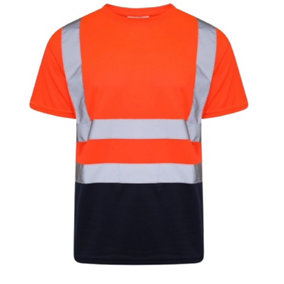 Kapton Hi Viz VIS High Visibility Round Neck Tshirt Safety Security Work Short Sleeve T-Shirt Workwear Top, Orange Navy, 2XL