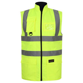 kapton High Vis Body Warmer Gilet Padded Reversible Sleeveless Jacket Waterproof Hi Visibility Work, Yellow, 4XL