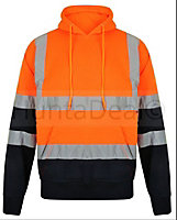 kapton High Vis Hoodie Two Tone Hooded Sweatshirt Hi Visibility Reflective Safety Work, Orange/Navy, 3XL