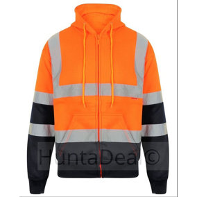 kapton High Vis Hoodie Two Tone Zip Up Hooded Sweatshirt Hi Visibility Reflective Safety Work, Orange/Navy, 2XL