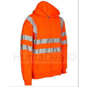 kapton High Vis Hoodie Zip Up Hooded Sweatshirt Hi Visibility Reflective Fleece Hoodie, Orange, 2XL