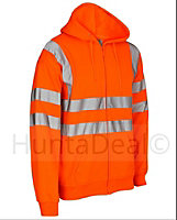 kapton High Vis Hoodie Zip Up Hooded Sweatshirt Hi Visibility Reflective Fleece Hoodie, Orange, 3XL