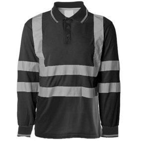 kapton High Vis Polo Shirt Long Sleeve Reflective High Visibility Anti Perspiration Soft Touch Polo, Black, 4XL