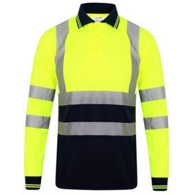 Kapton High Vis Polo Shirt Two Tone Long Sleeve Reflective High Visibility Soft Touch Polo, Yellow/Navy, M