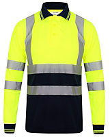 Kapton High Vis Polo Shirt Two Tone Long Sleeve Reflective High Visibility Soft Touch Polo, Yellow/Navy, XL