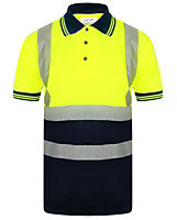 Kapton High Vis Short Sleeve Polo Shirt Two Tone Reflective High Visibility Worker Safety, Yellow/Navy, M