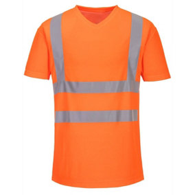 Kapton High Vis T-Shirt V Neck Short Sleeve Viz Reflective Safety Work, Orange, L