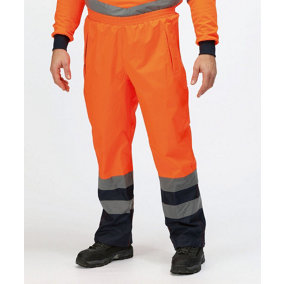 Kapton High Vis Waterproof Over Trouser Two Tone High Visibility Reflectiv Safety Security Workwear, Orange Navy, L