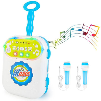 karaoke Machine 2 Mic Carry Case Play Set with Singing Recording Built-In MP3 Jack LED Lights Toy Educational Machine blue