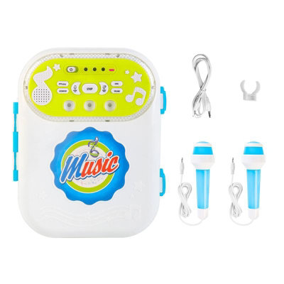 karaoke Machine 2 Mic Carry Case Play Set with Singing Recording Built-In MP3 Jack LED Lights Toy Educational Machine blue