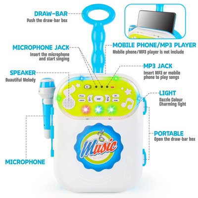 karaoke Machine 2 Mic Carry Case Play Set with Singing Recording Built-In MP3 Jack LED Lights Toy Educational Machine blue