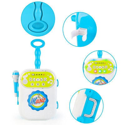 karaoke Machine 2 Mic Carry Case Play Set with Singing Recording Built-In MP3 Jack LED Lights Toy Educational Machine blue
