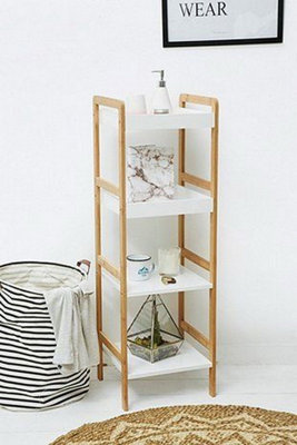 Kassi 4-Tier White MDF & Bamboo Storage Shelf/Bookshelf
