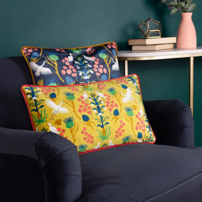 Kate Merritt Herons Floral Velvet Piped Rectangular Polyester Filled Cushion