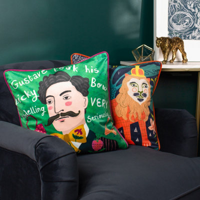 Kate Merritt Lion Illustrated Velvet Piped Polyester Filled Cushion