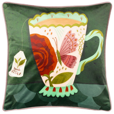 Kate Merritt Time For Tea Illustrated Velvet Piped Feather Filled Cushion