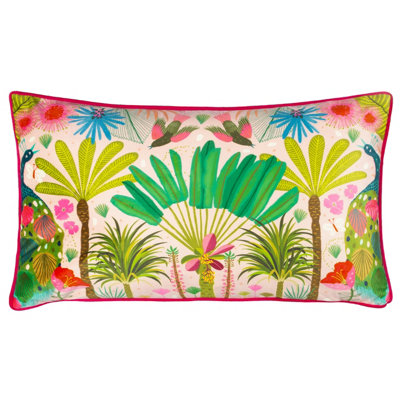 Kate Merritt Tropical Peacock Illustrated Velvet Piped Polyester Filled Cushion