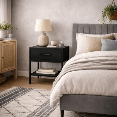 Katta Matt Black Bedside Table 1 Drawer Bottom Shelf
