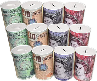 KAV 15 CM Pack of 12 - Money Saving Tin Boxes with UK Pound Note Design - Perfect Piggy Bank for Kids and Adults