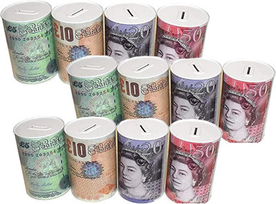 KAV 15 CM Pack of 12 - Money Saving Tin Boxes with UK Pound Note Design - Perfect Piggy Bank for Kids and Adults