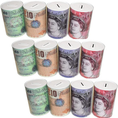 KAV 15 CM Pack of 12 - Money Saving Tin Boxes with UK Pound Note Design - Perfect Piggy Bank for Kids and Adults
