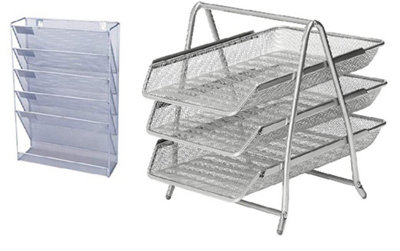 KAV 2 pcs Office Desk Organiser Set  Mesh Wall Hanging Magazine Literature Holder + 3 Tier Tray Desk Letter Tray (Silver) Price Comparisons | Compare The Build