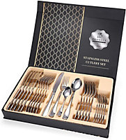 KAV 24pcs Stainless Steel Cutlery Set Sleek Design Cutter, Fork, Spoon, Teaspoon with Mirror Finished for Dinner Set (Silver)