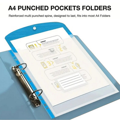 Plastic Wallets A4 Punched Pockets - 12PCS Expandable Plastic Folders A4 Wallets With Snap Button Top Opening Document Folders With 3 Rings