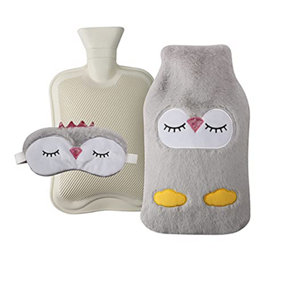 KAV Beautifully Faux Fur Cover with Hot Water Bottle and Satin Eye Mask - Durable 2L Size Bottles for Relaxing Sleep