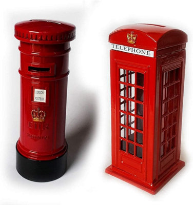 KAV - British Style Set Of Telephone Booth & Letter Box Metal Piggy Money Bank Kids Coin Saving Pot Box Souvenirs