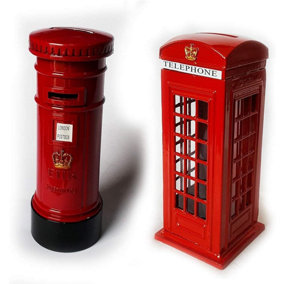 KAV - British Style Set Of Telephone Booth & Letter Box Metal Piggy Money Bank Kids Coin Saving Pot Box Souvenirs