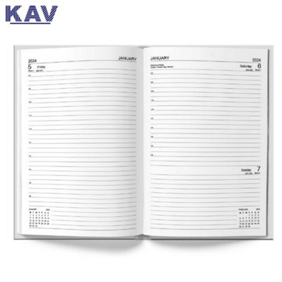 KAV Classic A4 Page a Day Diary 2024-2025 Half page weakends Assorted Colours X1 Silver Foil Text, Hardcover, Ribbon Bookmark