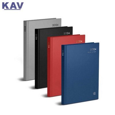 KAV Classic A5 Page a Day Diary 2024-2025 Half page weakends Assorted Colours X1 Silver Foil Text, Hardcover, Ribbon Bookmark