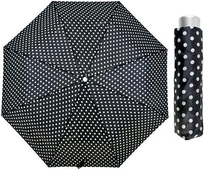 KAV Classic Black & White Prints Umbrella with Silver Handle - Compact, Automatic Folding (BLACK WITH LARGE WHITE POLKA DOT)