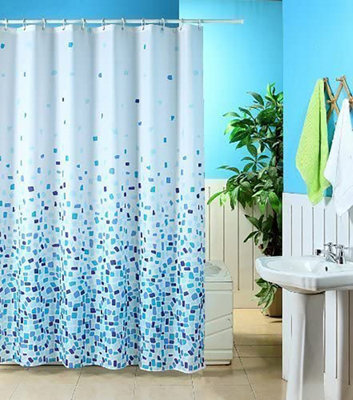Kav Extra Wide width Mosaic Blue On A White Background Polyester Shower Curtain Including 12 White Shower Curtain Rings (200x180)