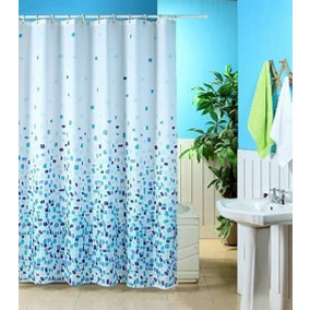 Kav Extra Wide width Mosaic Blue On A White Background Polyester Shower Curtain Including 12 White Shower Curtain Rings (200x180)