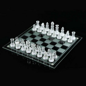 KAV Glass Chess Set - Transparent Board with Frosted & Clear Glass Pieces - 32 Pieces - Unique Gift - Fun Party Game (Medium)